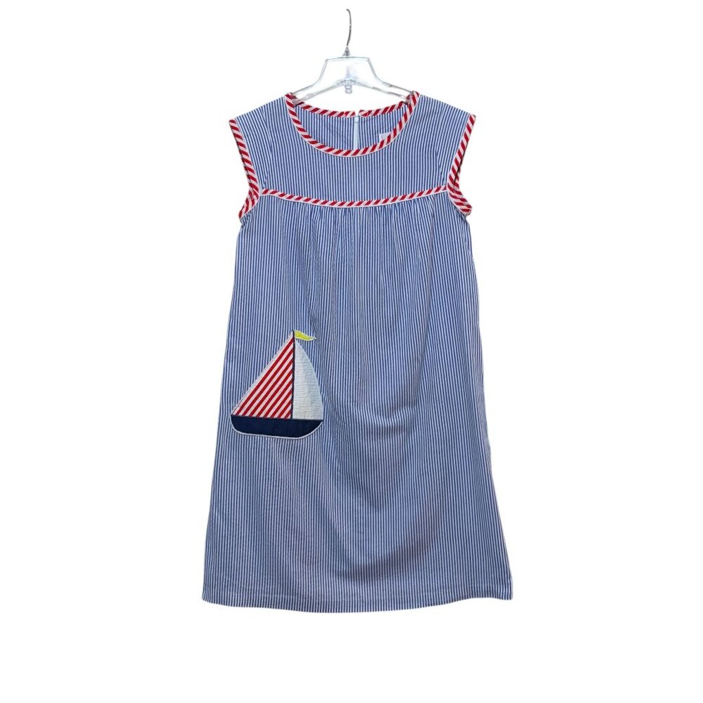 VTG Smart Time Nautical Dress XL Embroidered Smock Sail Boat Applique Twee
